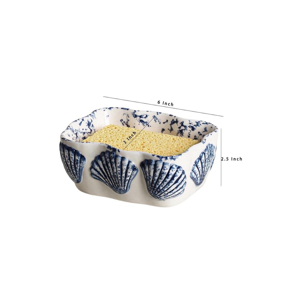 Ceramic Blue Shell Sponge Holder Kitchen Sink Caddy Dish Sponge Organizer New - Picture 3 of 7